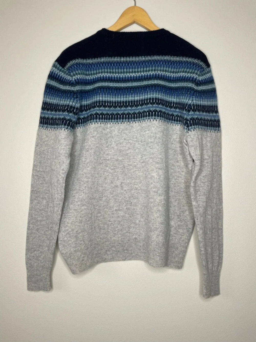 J. Crew Factory Gray Crewneck Lambswool Sweater with Blue Fair Isle Yoke